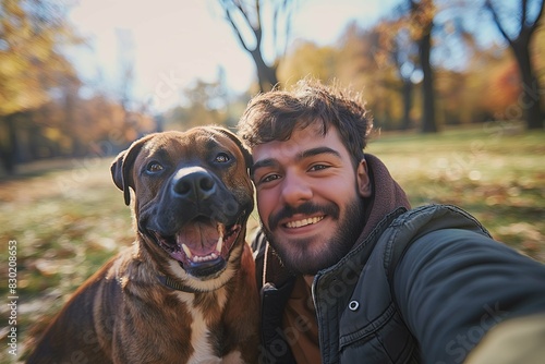 Happy young man taking selfie with his giant dog at the park, laughing and playing together in sunny day, love for animals concept 