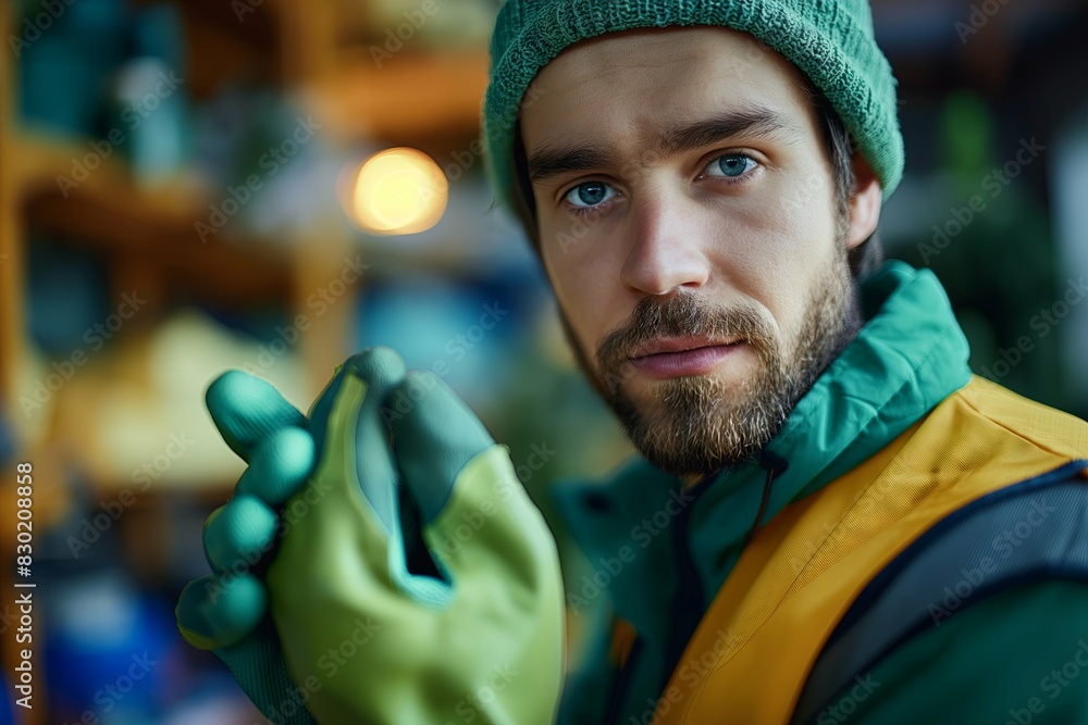 Worker wearing green and black safety gloves in an office, focused on the closeup view of his hand holding them. In front is a blurred out of focus construction site background Worker wearing green and black safety gloves in an office, focused on the closeup view of his hand holding them. In front is a blurred out of focus construction site background