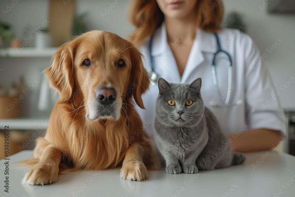 Young female vet doctor examines human and animal patients, with a golden retriever dog and cat on a table in a clinic background.