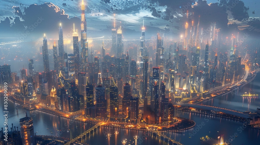Fototapeta premium The city of the future is a gleaming metropolis, where the buildings are made of glass and steel