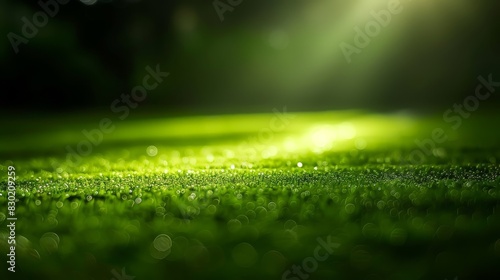  A close-up of verdant grass under sunlight, adorned with dewdrops atop