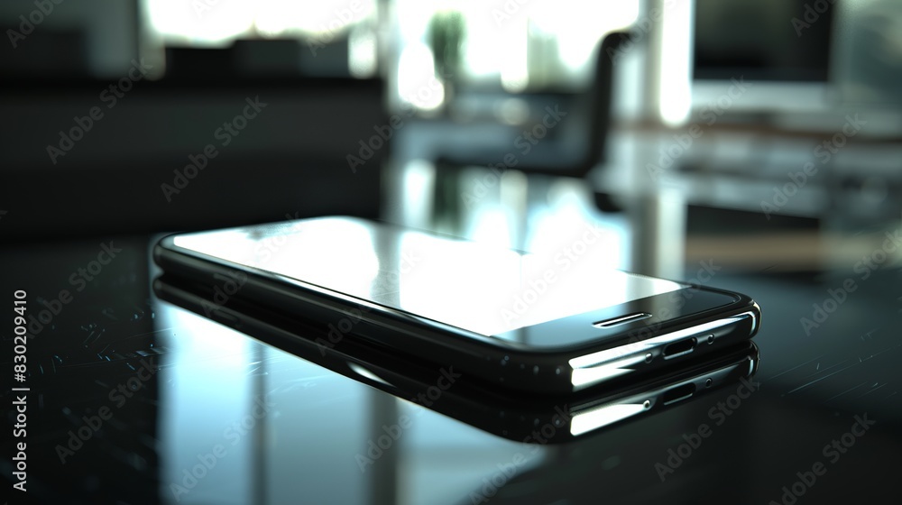 Cell Phone: A clean and modern cell phone resting on a shiny table. Its sleek design and intricacies are visible as it reflects the screen. Cell Phone: A clean and modern cell phone resting on a shiny table. Its sleek design and intricacies are visible as it reflects the screen.