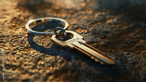 Keychain: A shiny keychain placed on a polished surface, glimmering under the sunlight with its metallic surface. 
