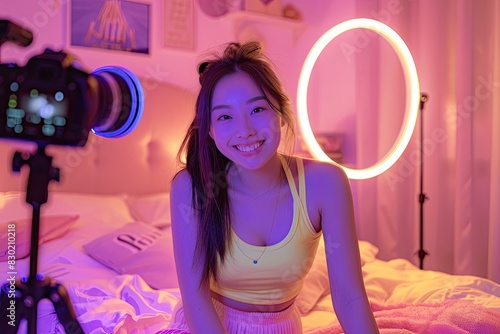 Young Woman Smiling Under Soft Neon Light