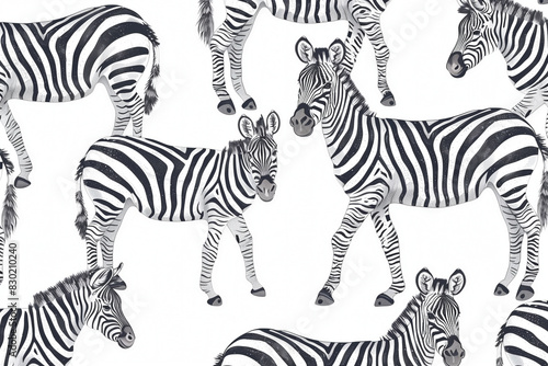 Seamless pattern with cute cartoon zebras on a white background