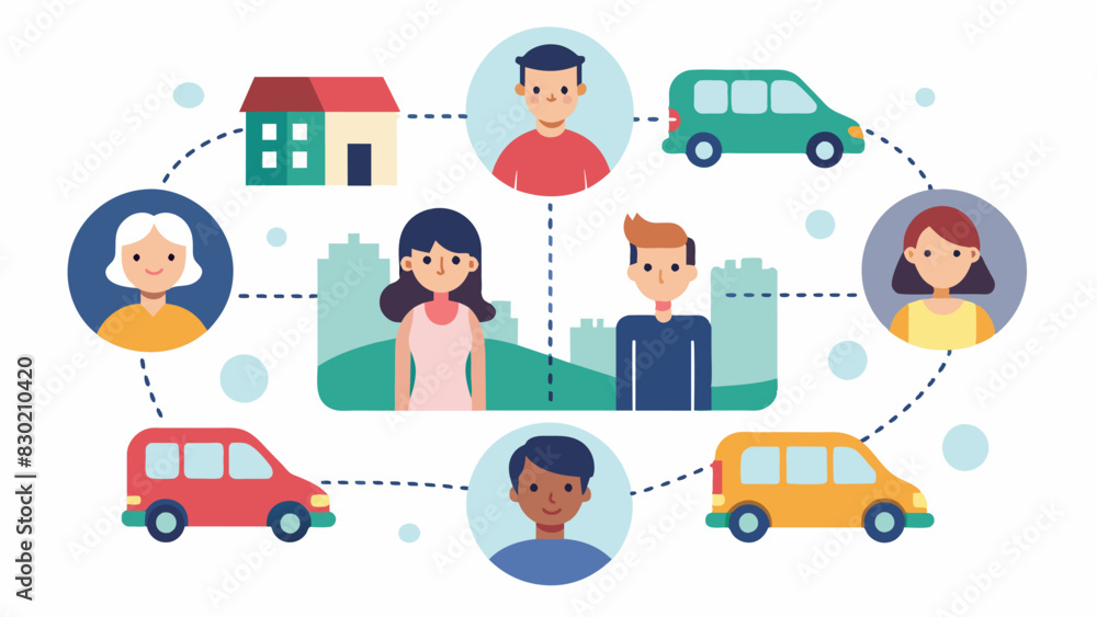 A communitybased app that connects users with other residents traveling in similar directions allowing for easy carpool arrangements and helping to decrease traffic congestion.. Vector illustration A communitybased app that connects users with other residents traveling in similar directions allowing for easy carpool arrangements and helping to decrease traffic congestion.. Vector illustration