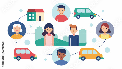A communitybased app that connects users with other residents traveling in similar directions allowing for easy carpool arrangements and helping to decrease traffic congestion.. Vector illustration