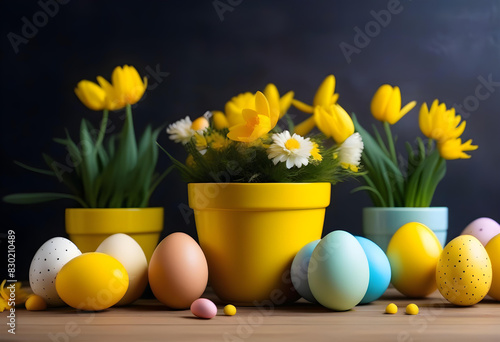 A composition of flowers, Easter eggs, and themed decor on a bright yellow background