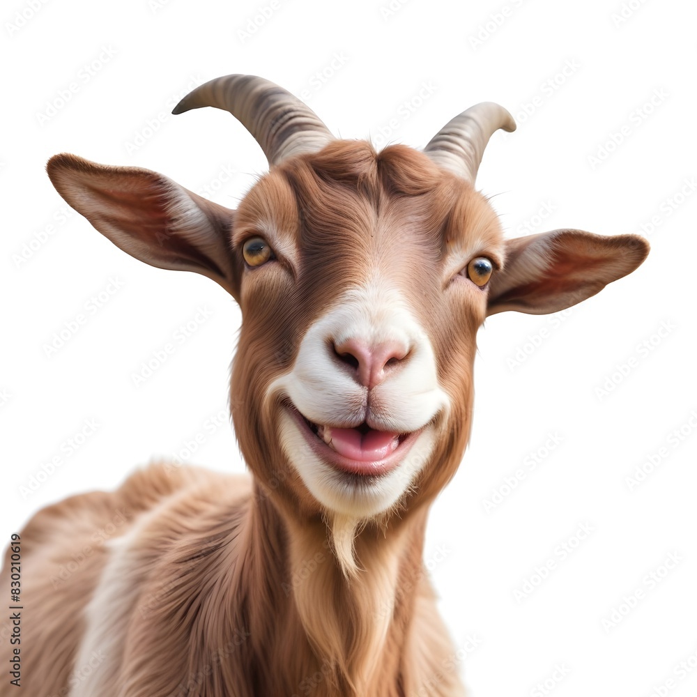 A smiling goat with large ears and a pink nose