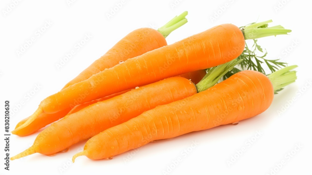 Fresh orange carrots with green stems and water droplets on a white background in a close-up shot Fresh orange carrots with green stems and water droplets on a white background in a close-up shot