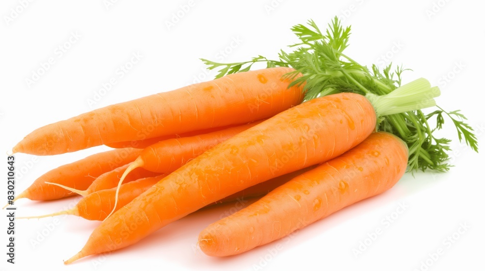 Bunch of bright orange carrots with green leaves and water droplets on a clean white surface Bunch of bright orange carrots with green leaves and water droplets on a clean white surface