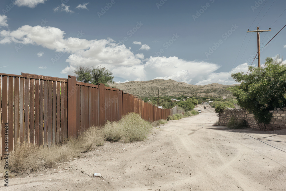 Desert Border Fence with Dirt Road and Power Lines Desert Border Fence with Dirt Road and Power Lines