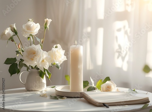 White roses and candle on tray  notebook in front of white wall  closeup