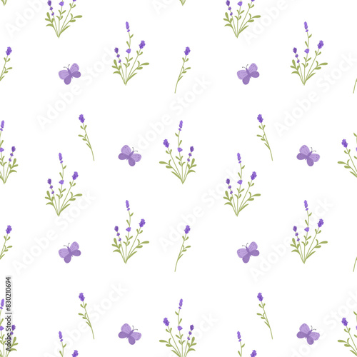 Lavender seamless pattern with flowers and butterfly. Floral background. Provence design with lavender. Hand drawn vector illustration for textile, wrapping paper, clothing, packaging.