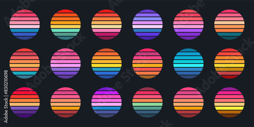 Vintage sunset collection. Colorful striped sunrise badges in 80s and 90s style. Sun and ocean view, summer vibes, surfing. Design element for print, logo or t-shirt. Vector illustration