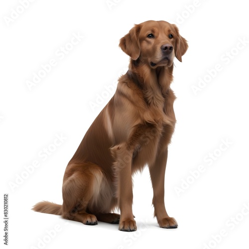 A chocolate Labrador sitting and looking alert  with a focused expression on its face