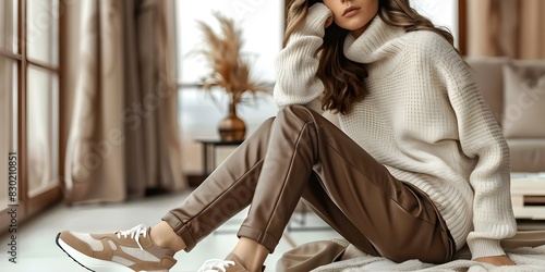 Luxurious athleisure outfit cashmere sweater leather joggers trendy sneakers perfect for a relaxing day at home. Concept Fashion, Athleisure, Comfort, Home, Relaxation photo