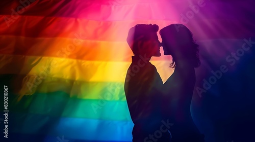 A loving couple silhouette with a colorful pride flag backdrop shining through
