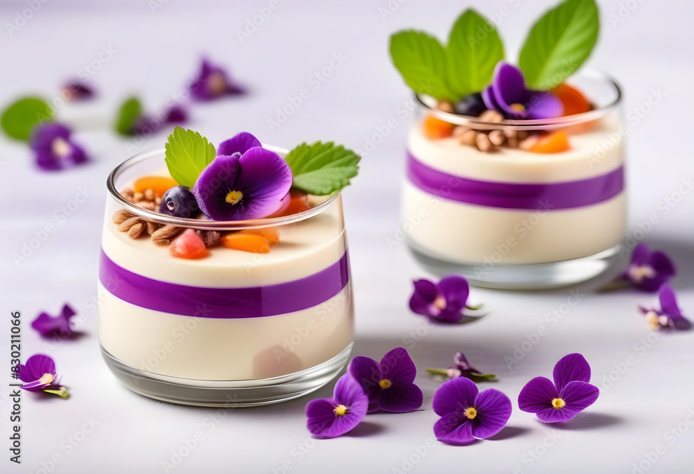 A close-up of a panna cotta dessert topped with fresh violet flowers A close-up of a panna cotta dessert topped with fresh violet flowers