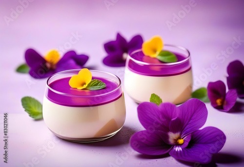 A close-up of a panna cotta dessert topped with fresh violet flowers