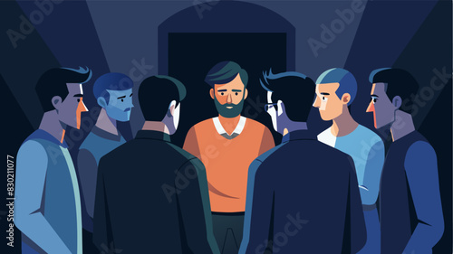 A group of men gathered in a dimly lit room each one opening up about their insecurities and finding comfort in the shared experiences of their peers.. Vector illustration