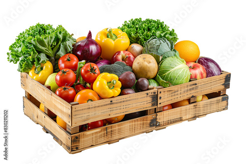 wooden box with fresh vegetables and fruit on a transparent background
