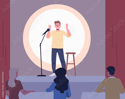 Stand-up comedy show with a comedian character and a live audience. Flat style.