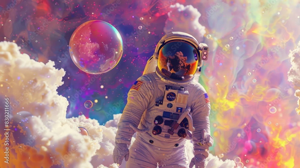 Beautiful painting of an astronaut in in a colorful bubbles galaxy on a ...