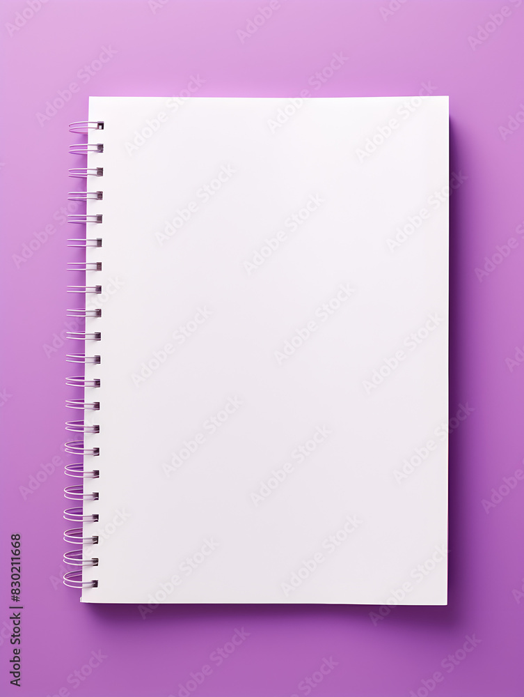 Blank spiral bound notebook with empty page on purple background Blank spiral bound notebook with empty page on purple background