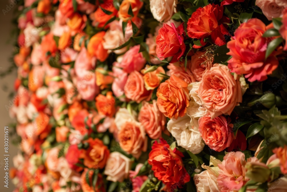 coral rose flowers in bloom wall decoration an hotel or restaurant interior coral rose flowers in bloom wall decoration an hotel or restaurant interior