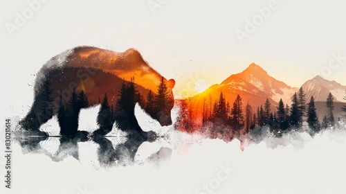 A silhouette of a bear walking through a misty forest at sunset, with mountains in the background. photo