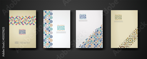 Set islamic cover design template with colorful detail and texture of floral mosaic islamic art ornament.