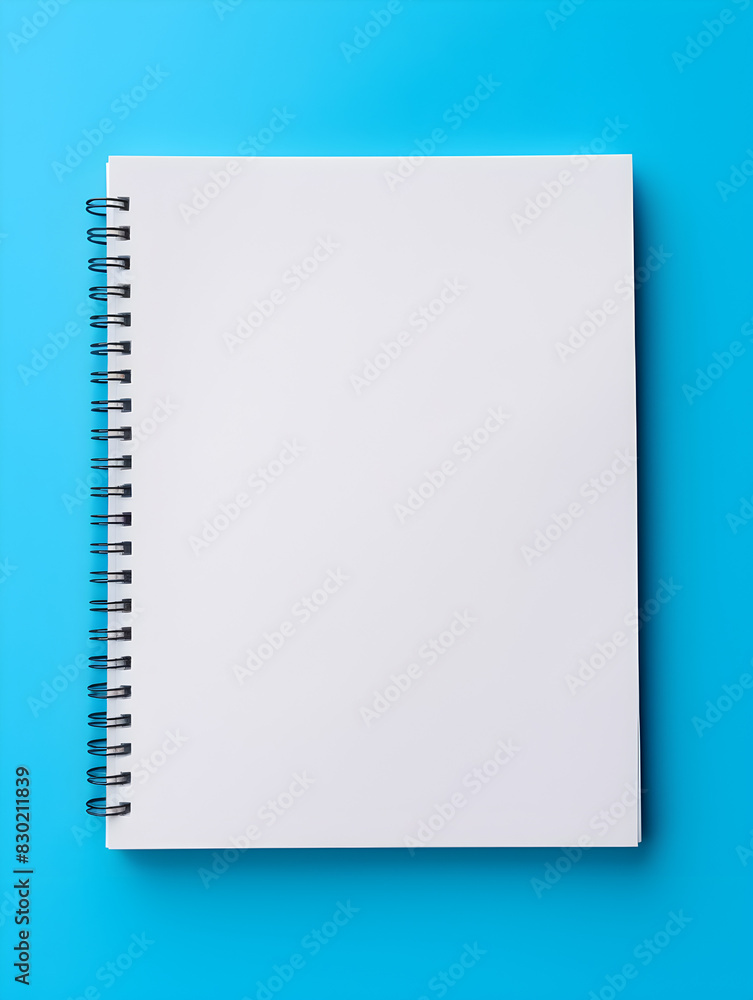 Blank spiral bound notebook with empty page on blue background Blank spiral bound notebook with empty page on blue background