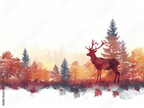 A watercolor painting of a deer standing in a forest  with autumn leaves and trees in the background.  The sun is setting  casting a warm glow on the scene.