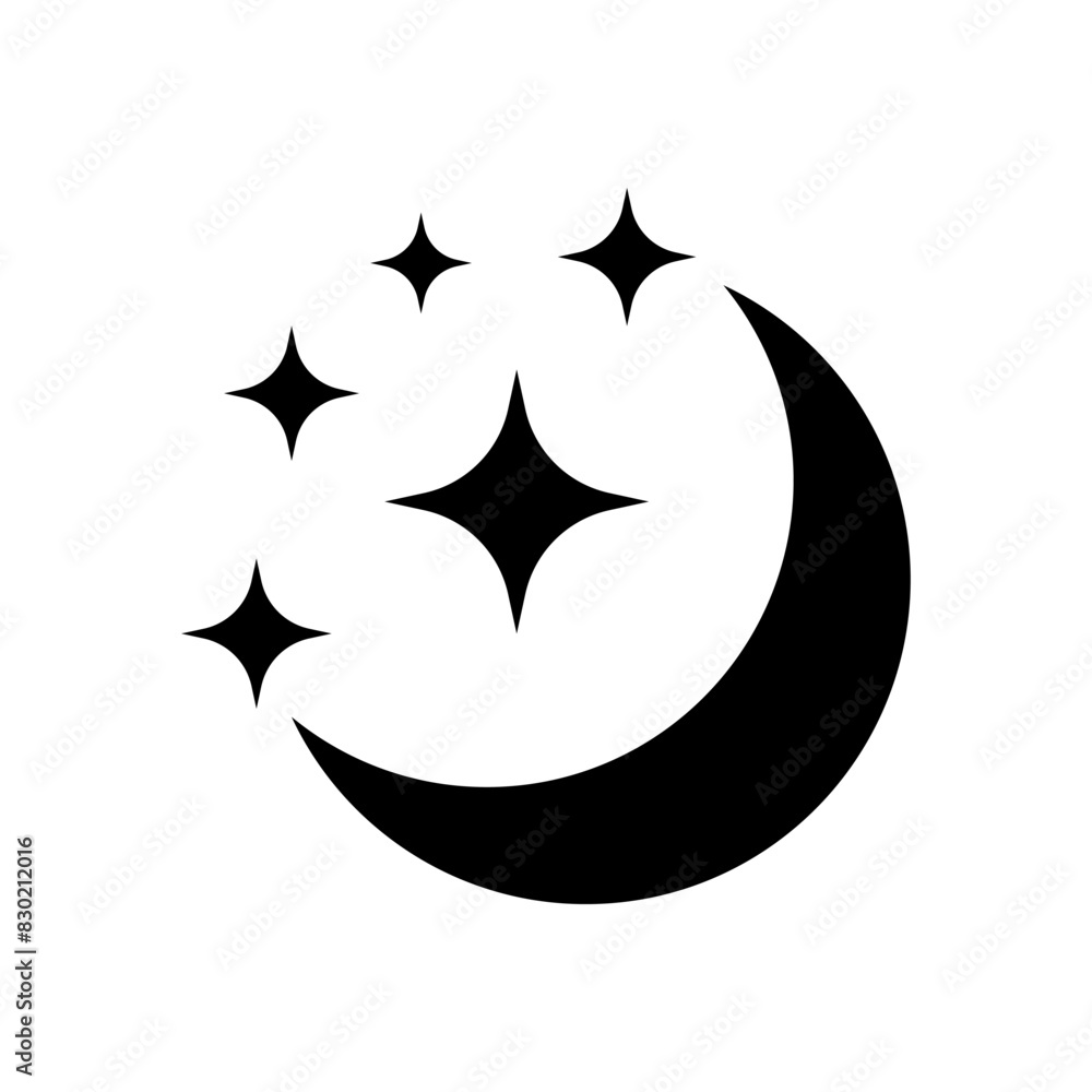 Crescent moon with stars icon on white background. Night icon. Crescent moon icon. Minimalist style. Crescent moon with stars icon on white background. Night icon. Crescent moon icon. Minimalist style.
