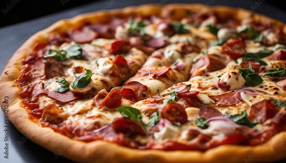 A pizza with pepperoni and spinach on it A pizza with pepperoni and spinach on it