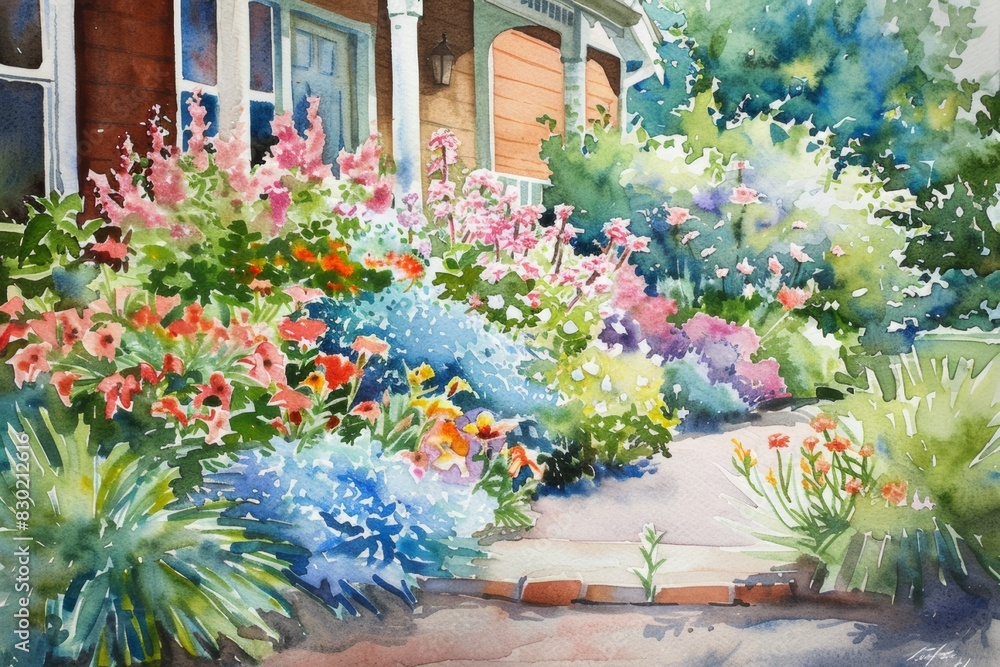 flowers in the garden watercolor illustration, landscaping design