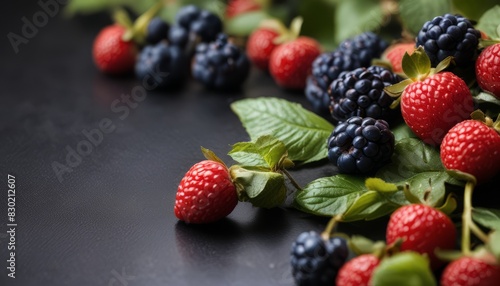 A close up of a bunch of berries  including strawberries and blackberries