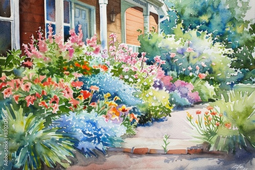 flowers in the garden watercolor illustration, landscaping design © Dina