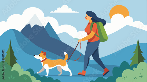 A woman hiking with her dog enjoying the company of her furry companion without the pressure to reach the summit or complete a certain trail.. Vector illustration