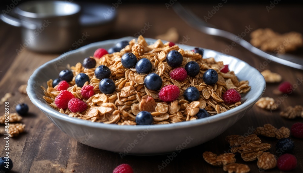 A bowl of cereal with blueberries and raspberries A bowl of cereal with blueberries and raspberries