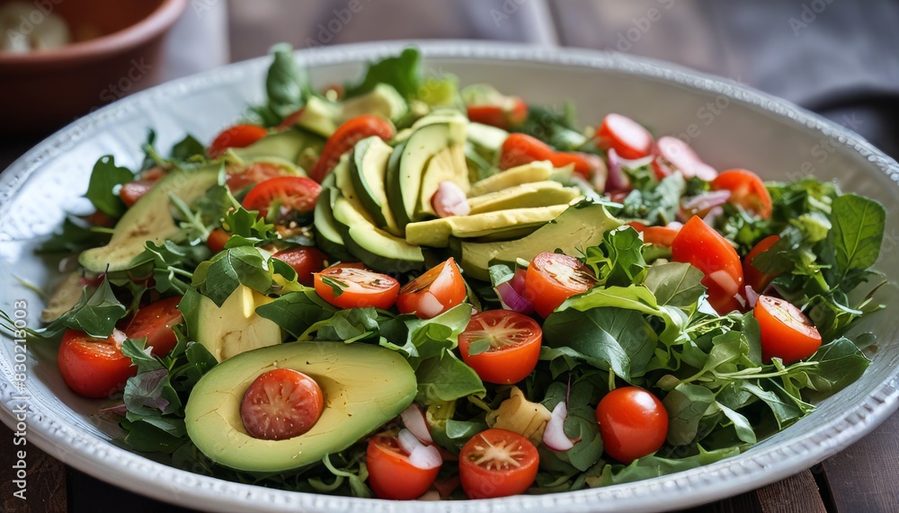 A white plate with a salad of tomatoes, avocado, and greens A white plate with a salad of tomatoes, avocado, and greens