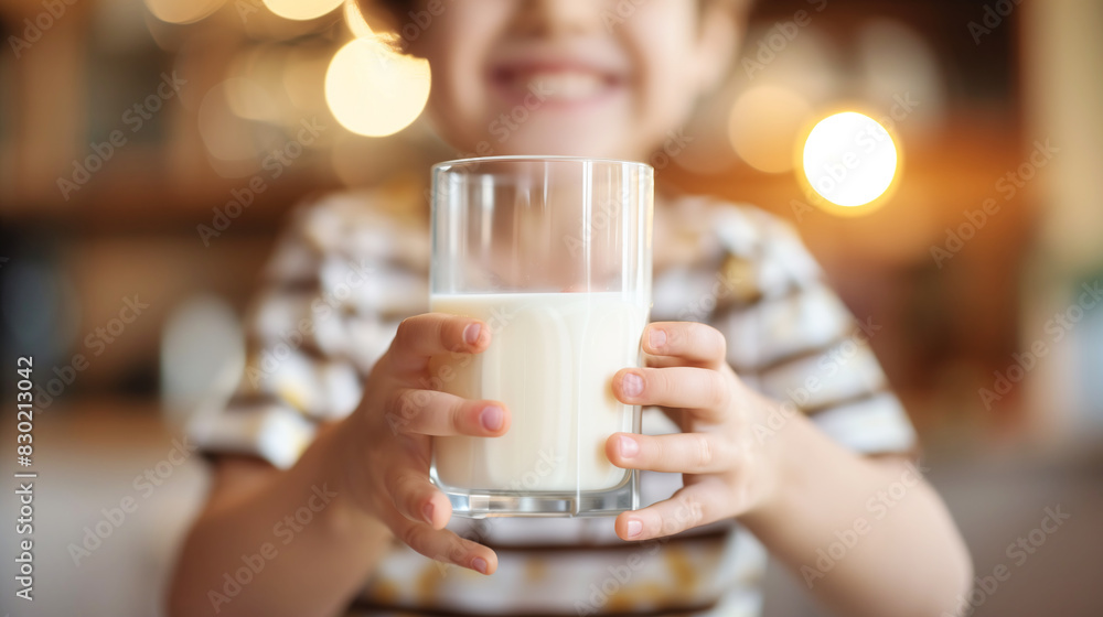 A small boy with a smile, holding a transparent glass of milk in front of him in the foreground. The child is illuminated with a warm yellowish light with highlights in the background.