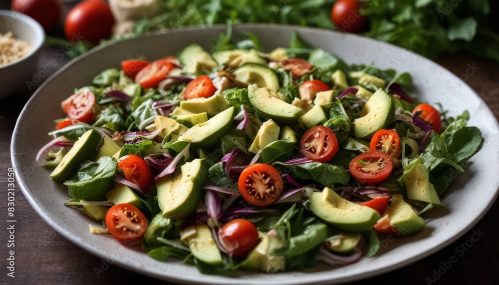 A white plate with a salad of vegetables including tomatoes, avocado A white plate with a salad of vegetables including tomatoes, avocado