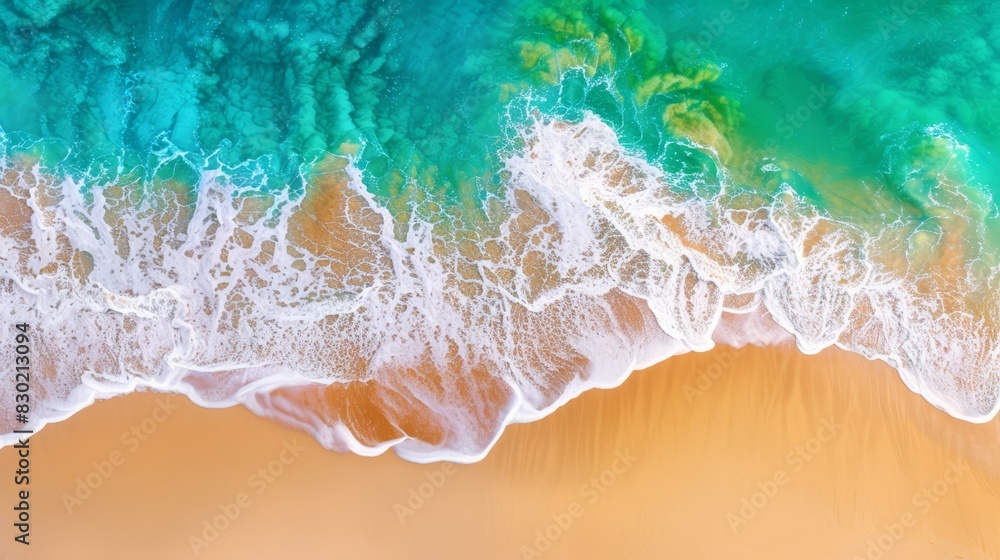 An aerial perspective of a beach with a incoming wave at the shore and another in shades of green and yellow An aerial perspective of a beach with a incoming wave at the shore and another in shades of green and yellow