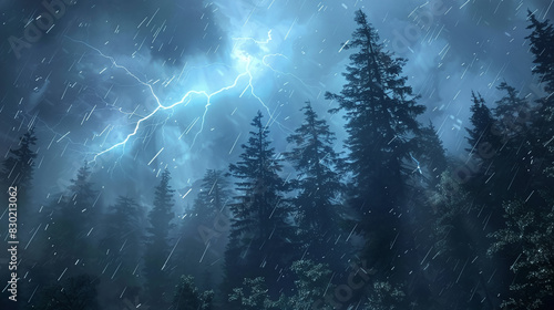 A dense forest during a thunderstorm, detailed trees swaying in the wind, lightning illuminating the canopy, rain pouring down, capturing the eerie and powerful atmosphere of the storm in a natural photo
