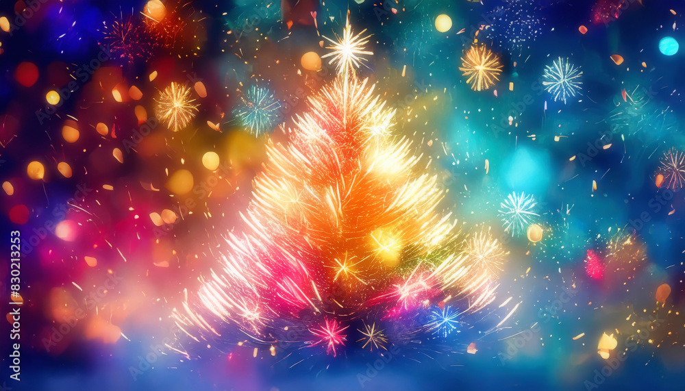 Fototapeta premium Colorful fireworks in christmas tree shape with bokeh background