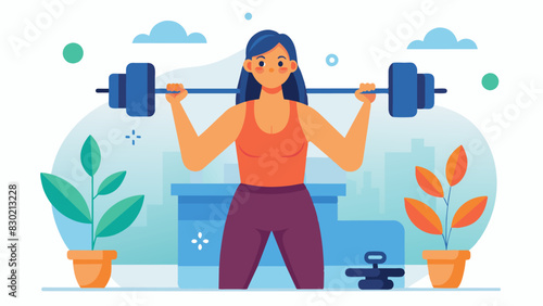 A woman lifting weights at the gym feeling strong and empowered as she works on her overall health and wellbeing.. Vector illustration