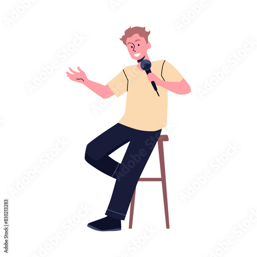 A vector illustration comedian with a microphone in his hands delivers a humorous monologue