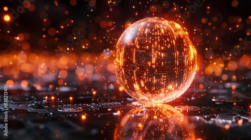 Digital finance orb, closeup, with glowing currency symbols, dynamic, blockchain tech showcase